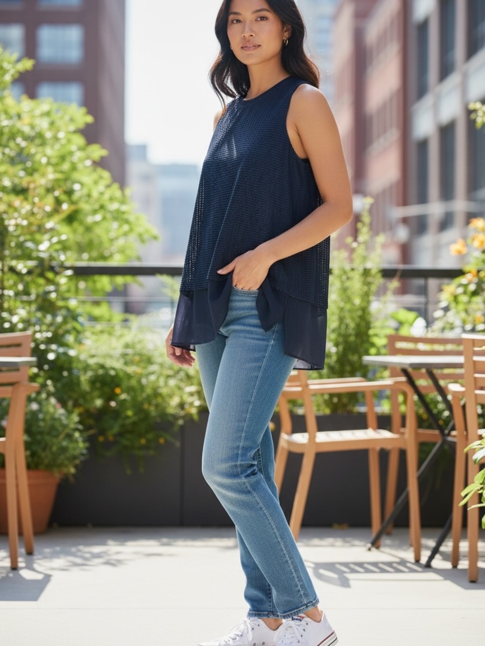 Vince Navy Sleeveless Textured High-Low Top